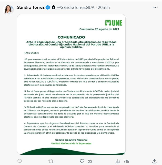 Sandra Torres se pronuncia ante oficialización de resultados de la