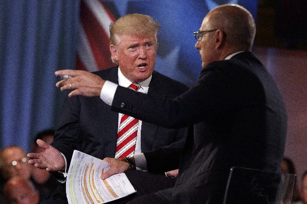 Donald Trump habla con el presentador Matt Lauer en el Foro Commander in Chief de la NBC. (Foto Prensa Libre: AFP)