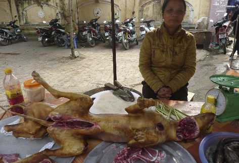 Una mujer en un puesto callejero vende un perro asado en un mercado de Tuyen Quang, al norte de Vietnam, (Foto Prensa Libre: EFE)