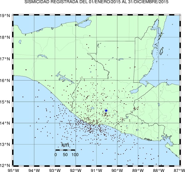 Mapa de sismicidad registrada en el país durante el 2015. (Foto Prensa Libre: Insivumeh)