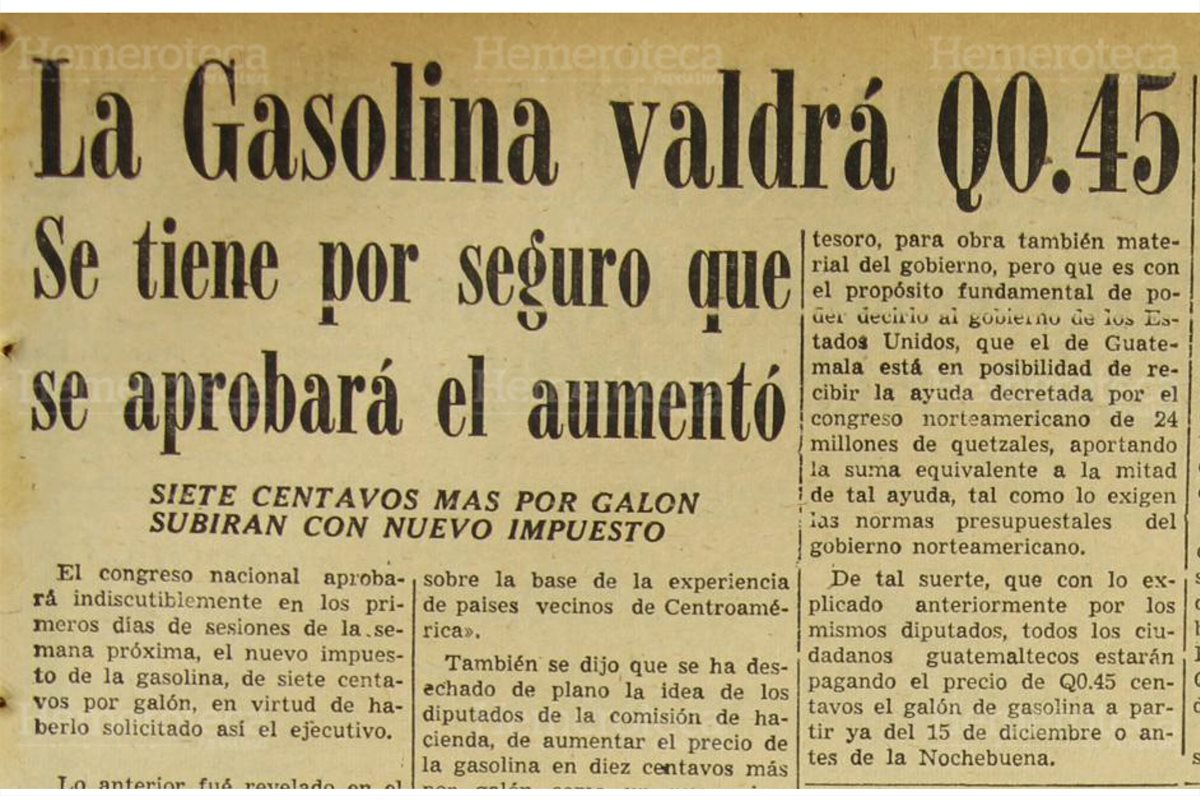 Precio de la gasolina en el ya lejano diciembre de 1956. De Q0.38 pasó a Q0.45. (Foto: Hemeroteca PL)