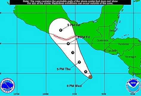 Trayectoria de la depresión tropical E3, según pronóstico de esta noche. (Imagen del Centro Nacional de Huracanes de EE. UU.)