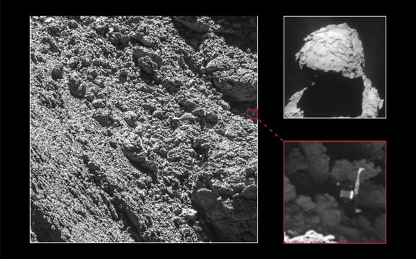 Combo de fotografís imágenes del robot "Philae" sobre el cometa 67P. (Foto Prensa Libre: AFP).