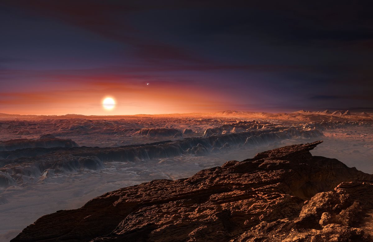 Impresión artística que muestra la superficie del planeta Proxima b y que científicos creen podría ser un "planeta océano" similar a la Tierra. (Foto Prensa Libre: AFP).