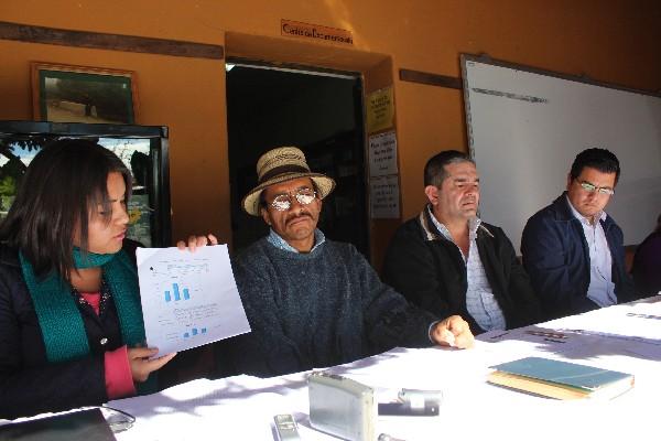 Comisión de Auditoría Social y Transparencia,   del Codede de Huehuetenango, presenta informe durante   conferencia de prensa.