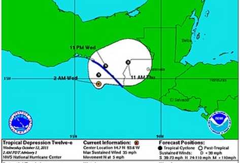 Trayectoria de la depresión tropical. (Foto: Conred/Centro Nacional de Huracanes)