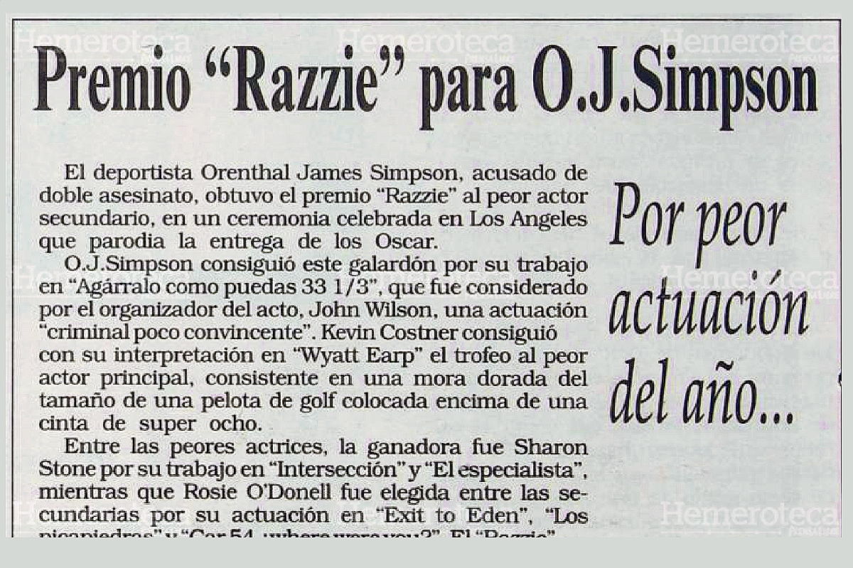 OJ Simpson, recibe premio Razzie, por la peor actuación del año. Foto: Hemeroteca PL