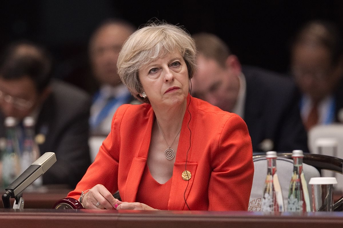 La primera ministra inglesa Theresa May durante la apertura de la conferencia del G20, en China. (Foto Prensa Libre:AP)