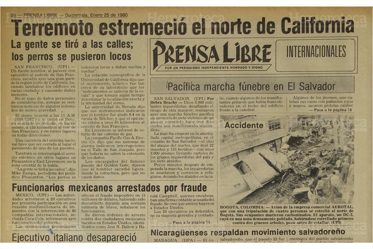 Noticia de terremoto en Californa, el 24 de enero de 1980. (Foto: Hemeroteca PL)