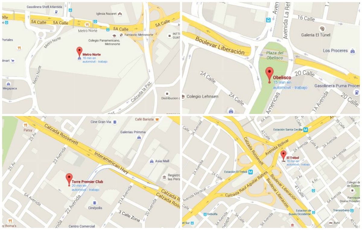 Los puntos de donde saldrán las manifestaciones este martes El Obelisco, El Trébol, Calzada Roosevelt y Metro Norte. (Foto Prensa Libre: Google)