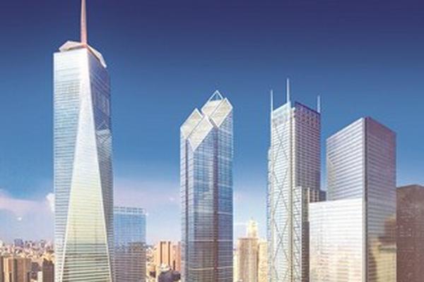 Estas es la proyección de las cuatro nuevas torres que conformarán el One World Trade Center en el bajo Manhattan, New York