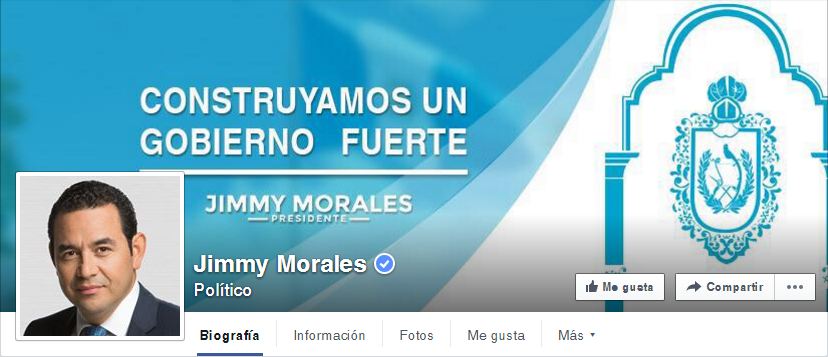 Este sábado fue cambiada la imagen de la cabecera del muro de Facebook del presidente electo Jimmy Morales. "Foto Prensa Libre: Tomado de Facebook)