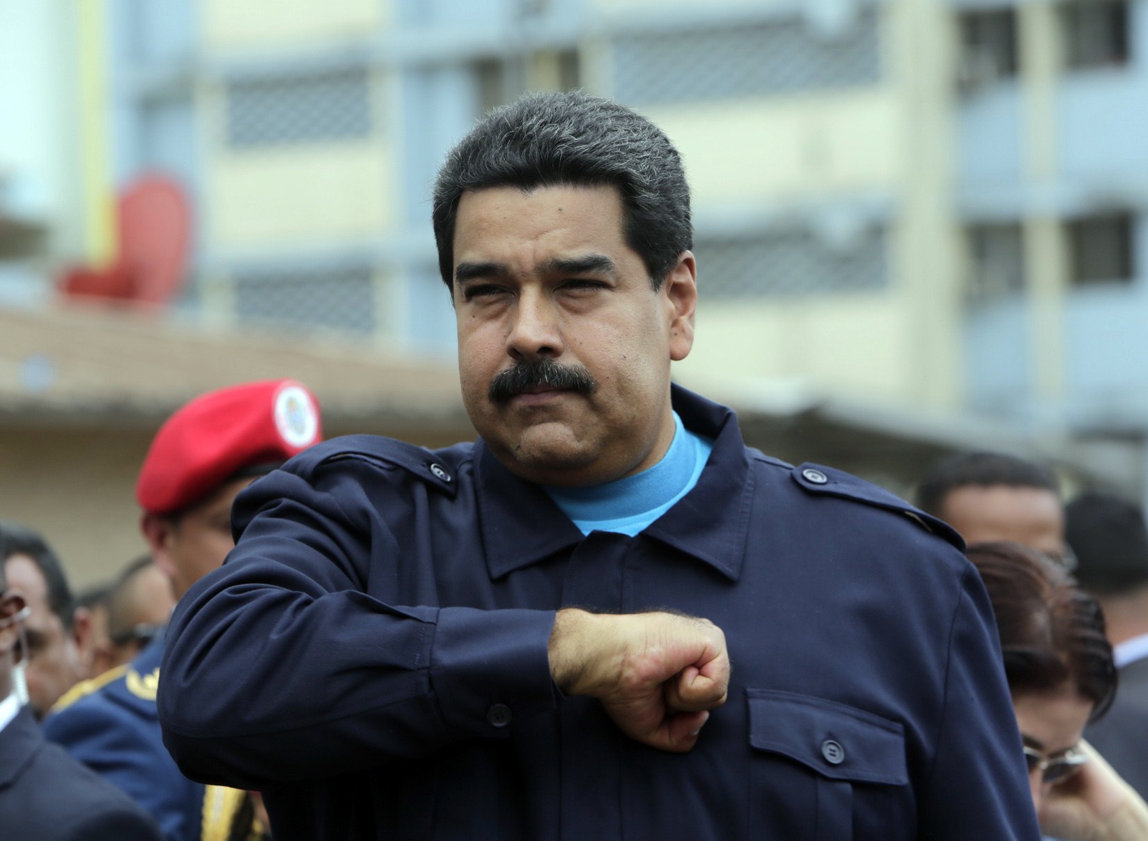 Venezuelan President Nicolas Maduro gestures after giving a speech during a visit at El Chorrillo neighborhood in Panama City on April 10, 2015. Regional leaders begin to arrive for a historic Summit of the Americas that will see the US and Cuban presidents sit face to face for the first time in decades.  AFP PHOTO / INTI OCON