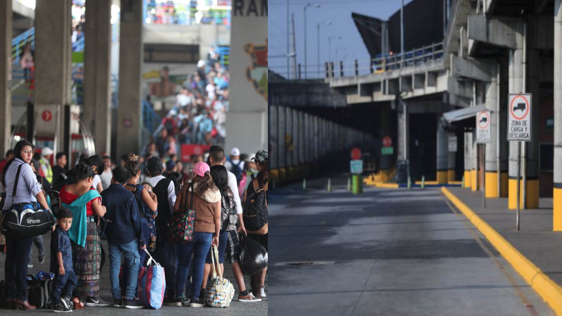 La Central de Mayoreo (Cenma) se encuentra cerrada y sin pasajeros, a la derecha está cómo se observaba en el 2019. (Foto Prensa Libre: Hemeroteca PL)