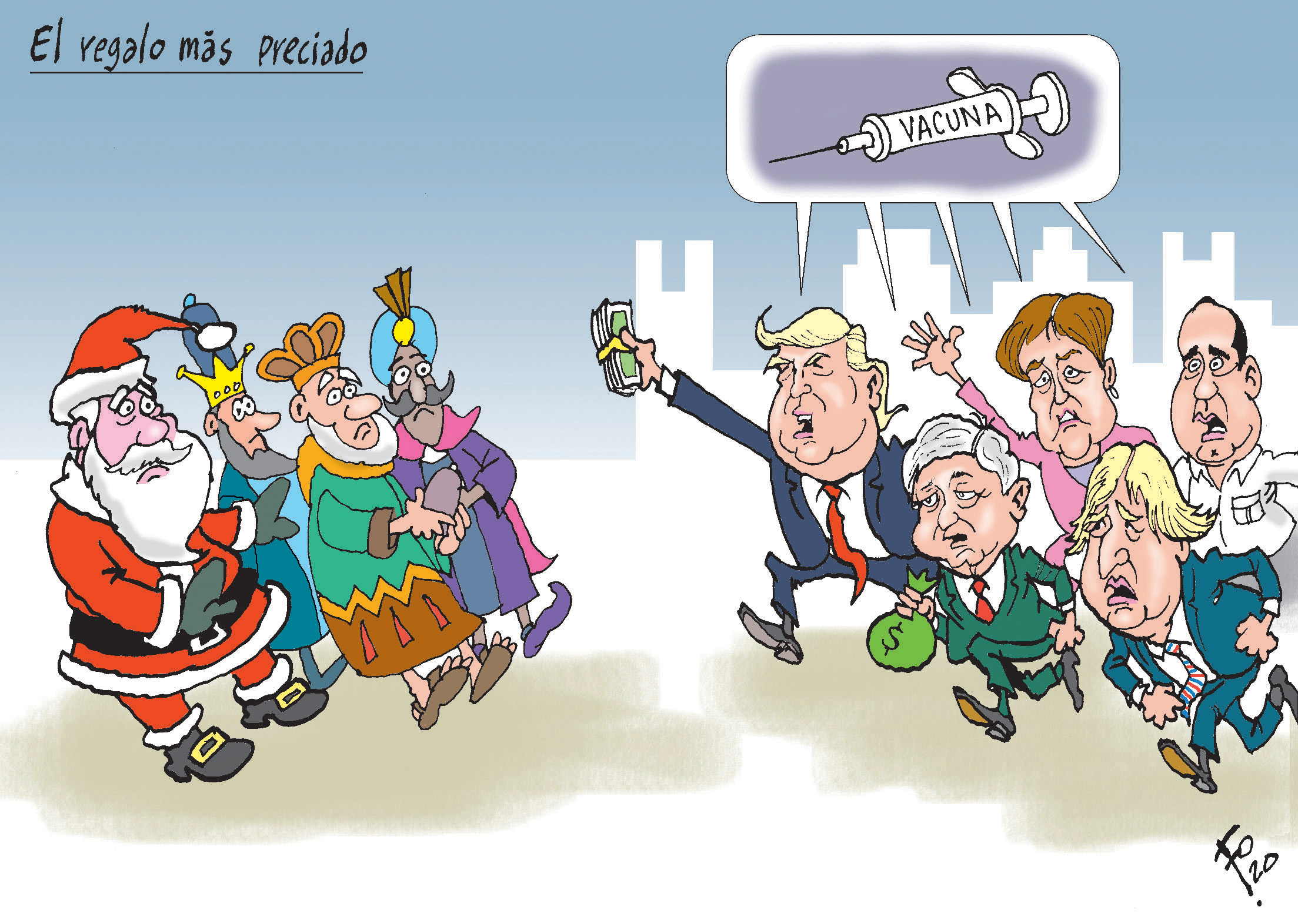 Personajes: Donald Trump, Amlo, Angela Merkel, Boris Johnson y Alejandro Giammattei.