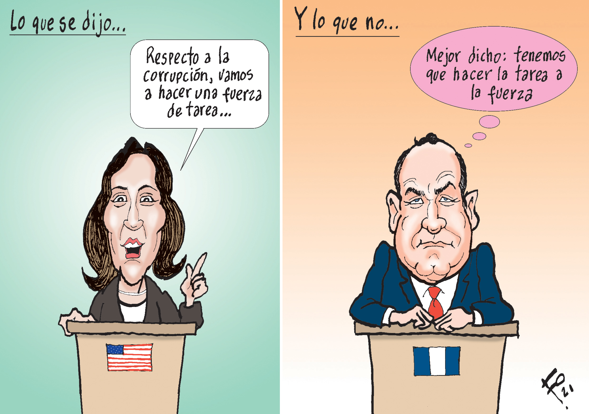 Personajes: Kamala Harris y Alejandro Giammattei.