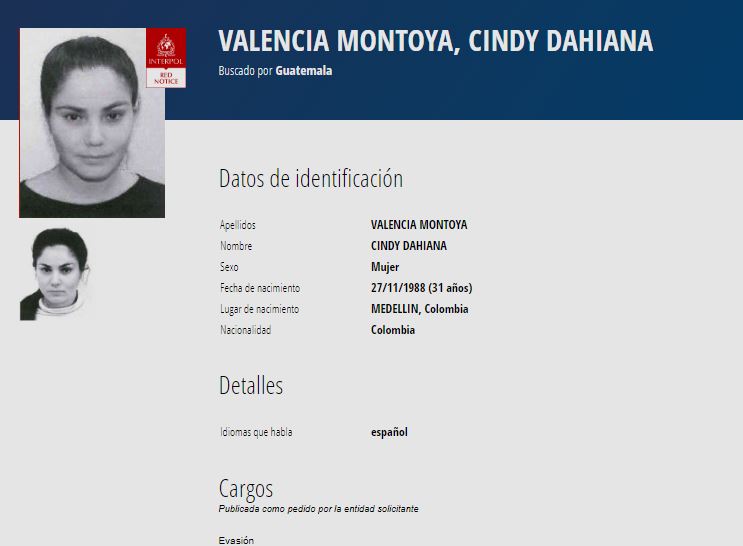 La colombiana Cindy Dahiana Valencia Montoya estaba presa en la cárcel de Chimaltenango en donde cumplía condena por el delito de lavado de dinero u otros activos. (Foto Prensa Libre: Interpol)