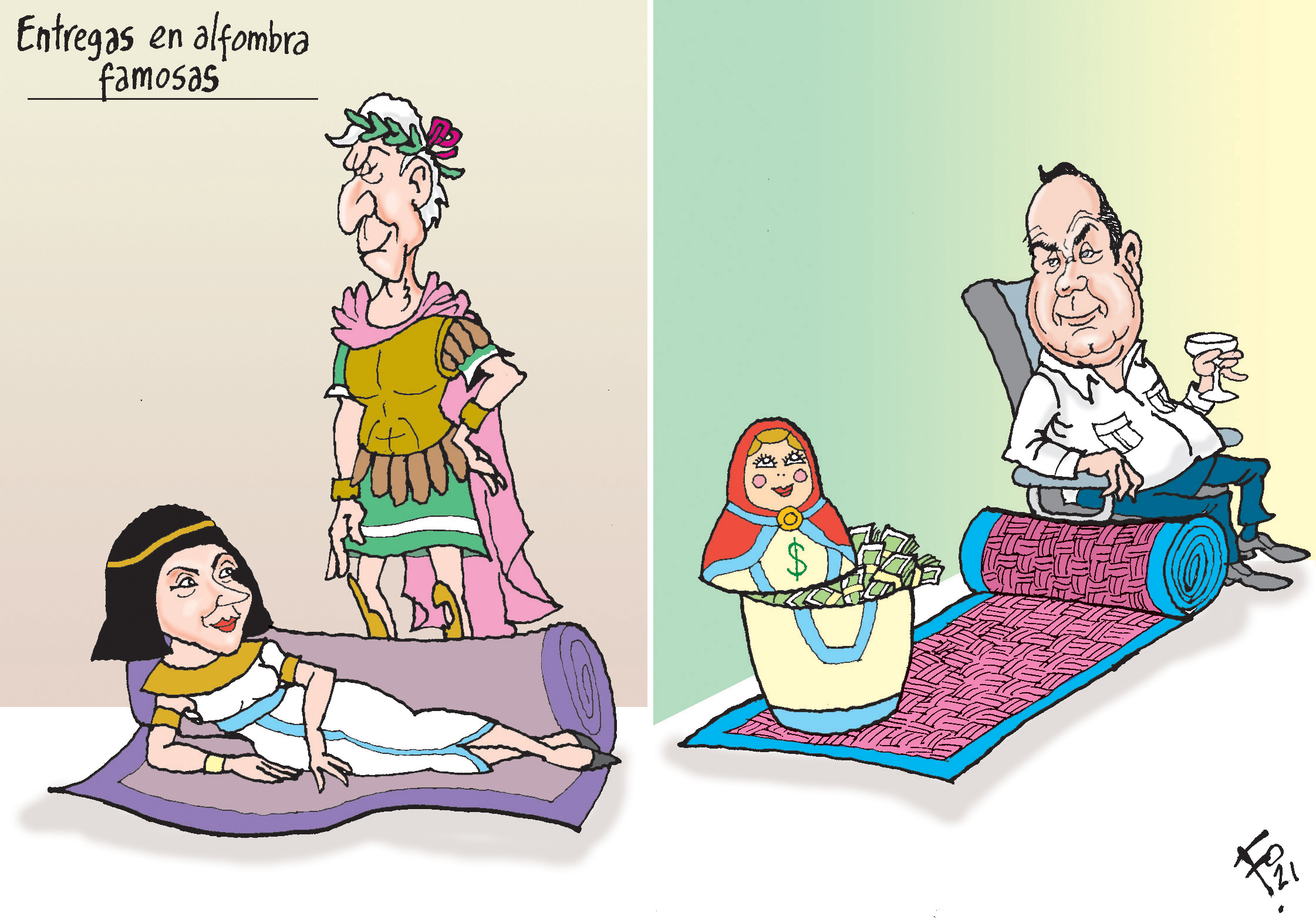 Personajes: Cleopatra, Julio César y Alejandro Giammattei.