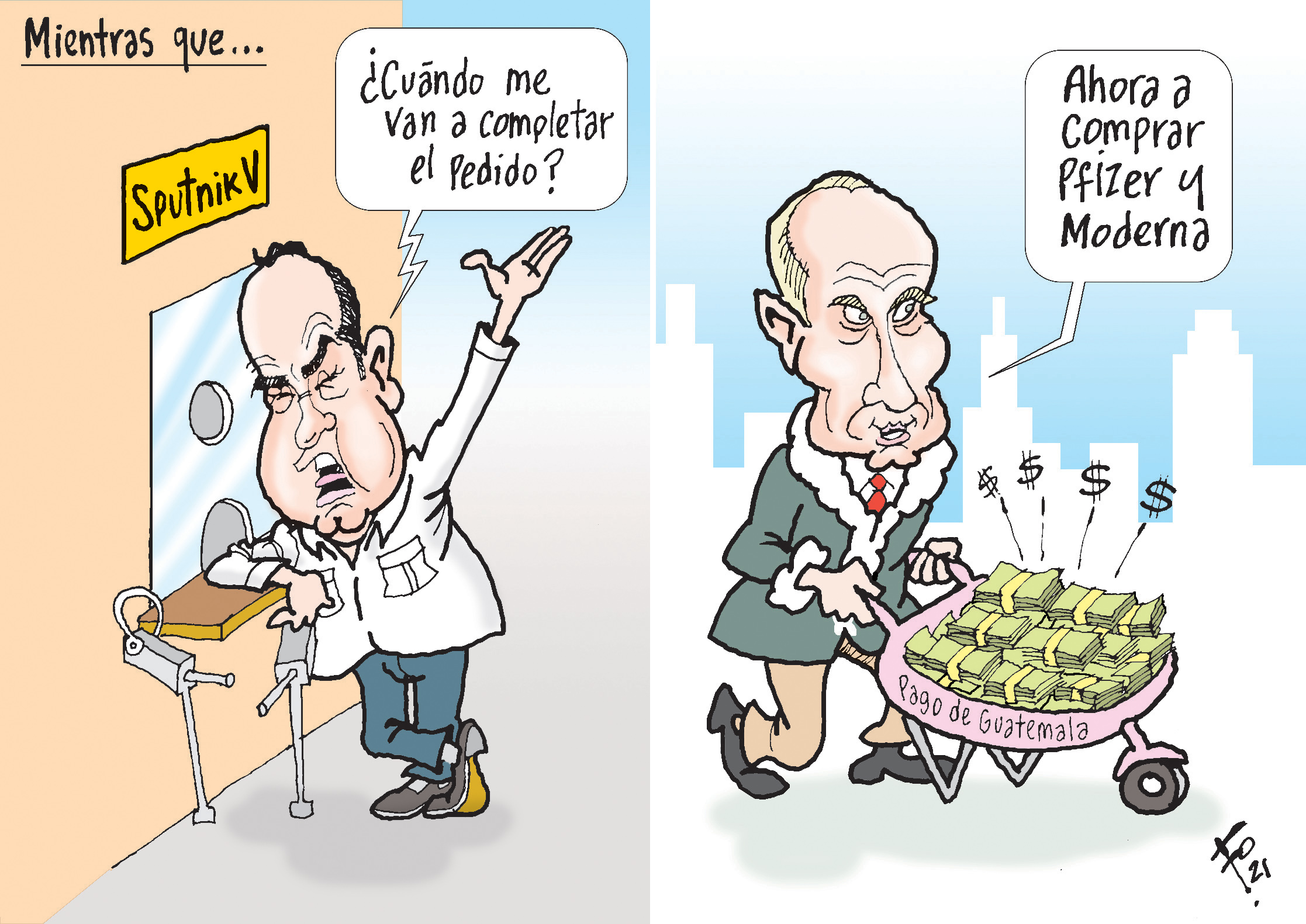 Personajes: Alejandro Giammattei y Vladimir Putin.