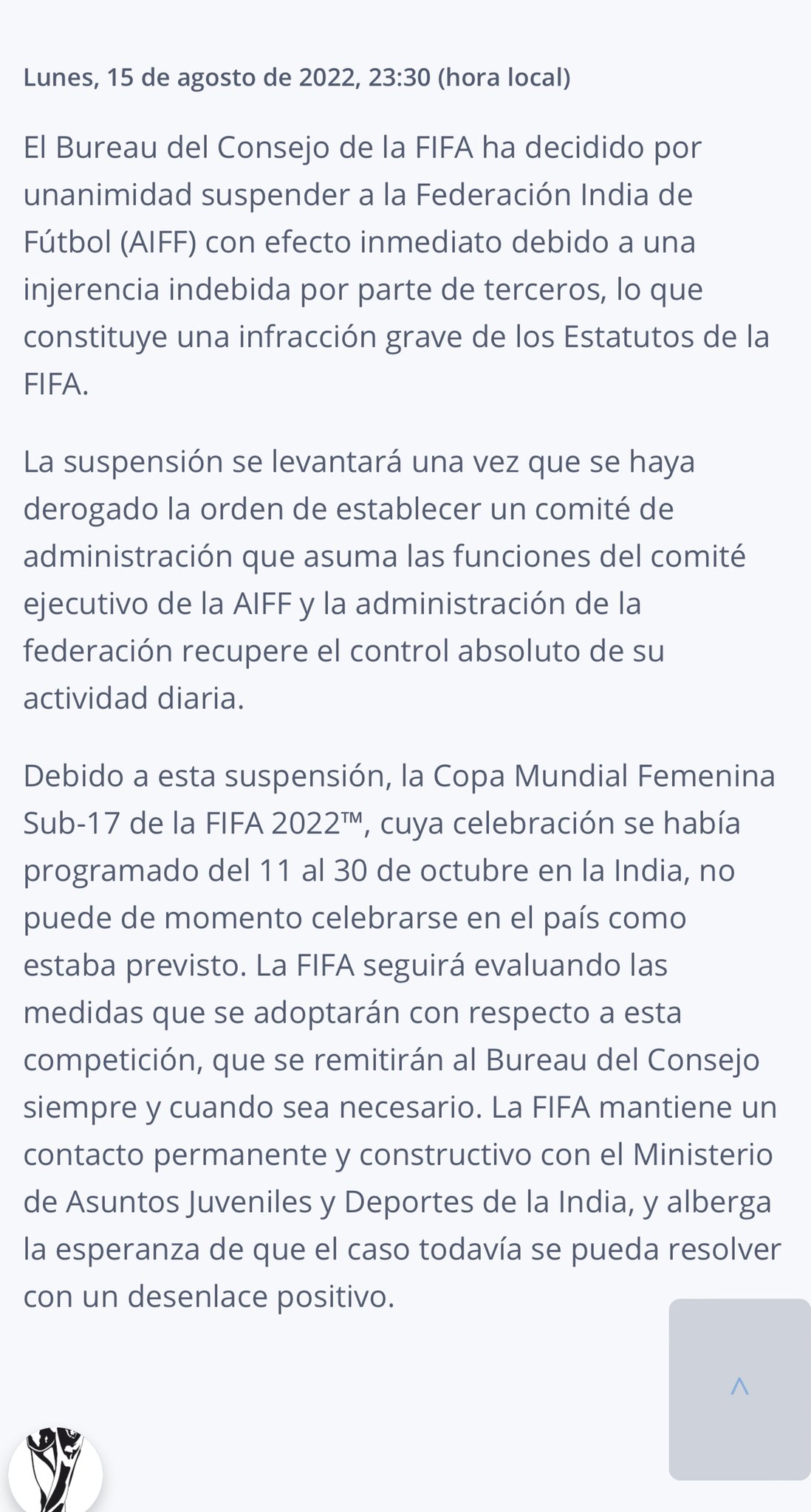 La FIFA Suspende De Manera Inmediata A India Y Pone En Riesgo El ...