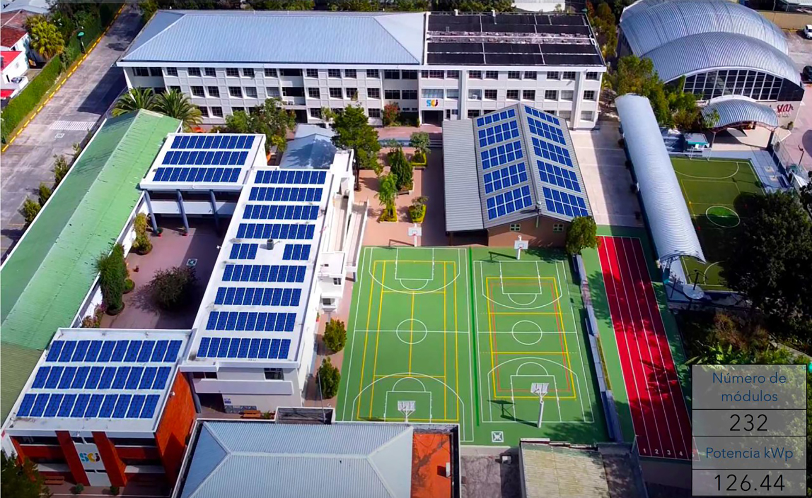 El proyecto Módulos Solares Fotovoltaicos del Colegio Sagrado Corazón de Jesús consta de 232 paneles solares. Foto Prensa Libre: Cortesía