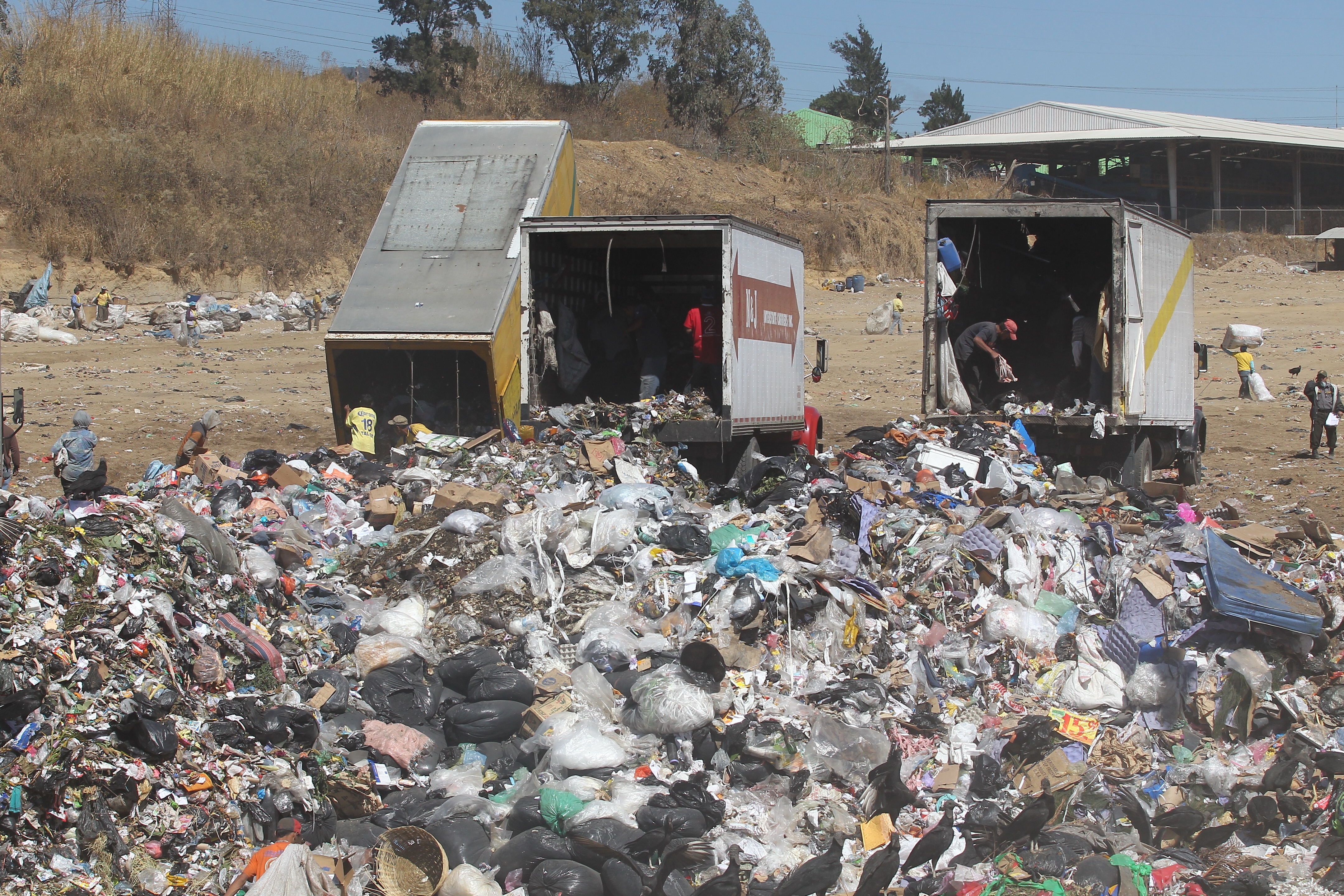 Reportaje sobre las instalaciones  del relleno sanitario, ubicado en el km 21 hacia la carretera al Pacfico, el cual se encuentra a cargo de la Autoridad  para el Manejo Sustentable de la Cuenca  y del Lago de Amatitln AMSA, la cual se dedica a reciclar , desechos de pnastico, papel y metal, con lo cual han construido  muros y corrales y las llantas han servido para  muros y mazatas , loc camiones  llegan a descargar toda la basura a ese lugar el cual esta constantemente  limpio  

FOTO: Alvaro Interiano.