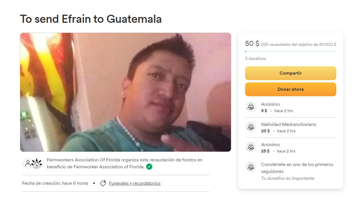 Para poder repatriar el cuerpo de Efraín López García sus compañeros organizaron una colecta. (Foto Prensa Libre: Captura de pantalla del sitio gofundme.com)