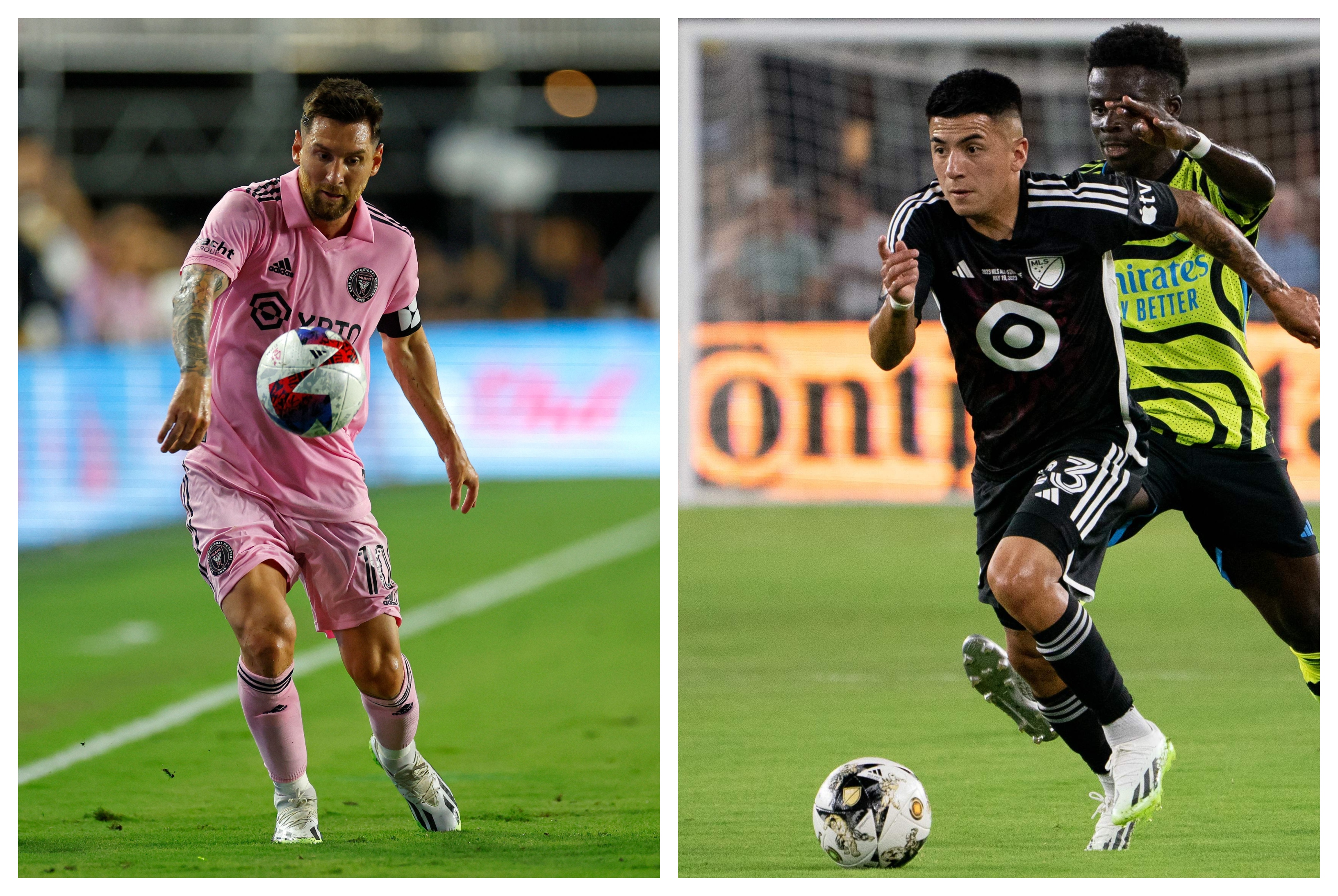 Lionel Messi y Thiago Almada, se verán las caras en el partido de la Leagues Cup. (Fotos Prensa Libre: AFP).