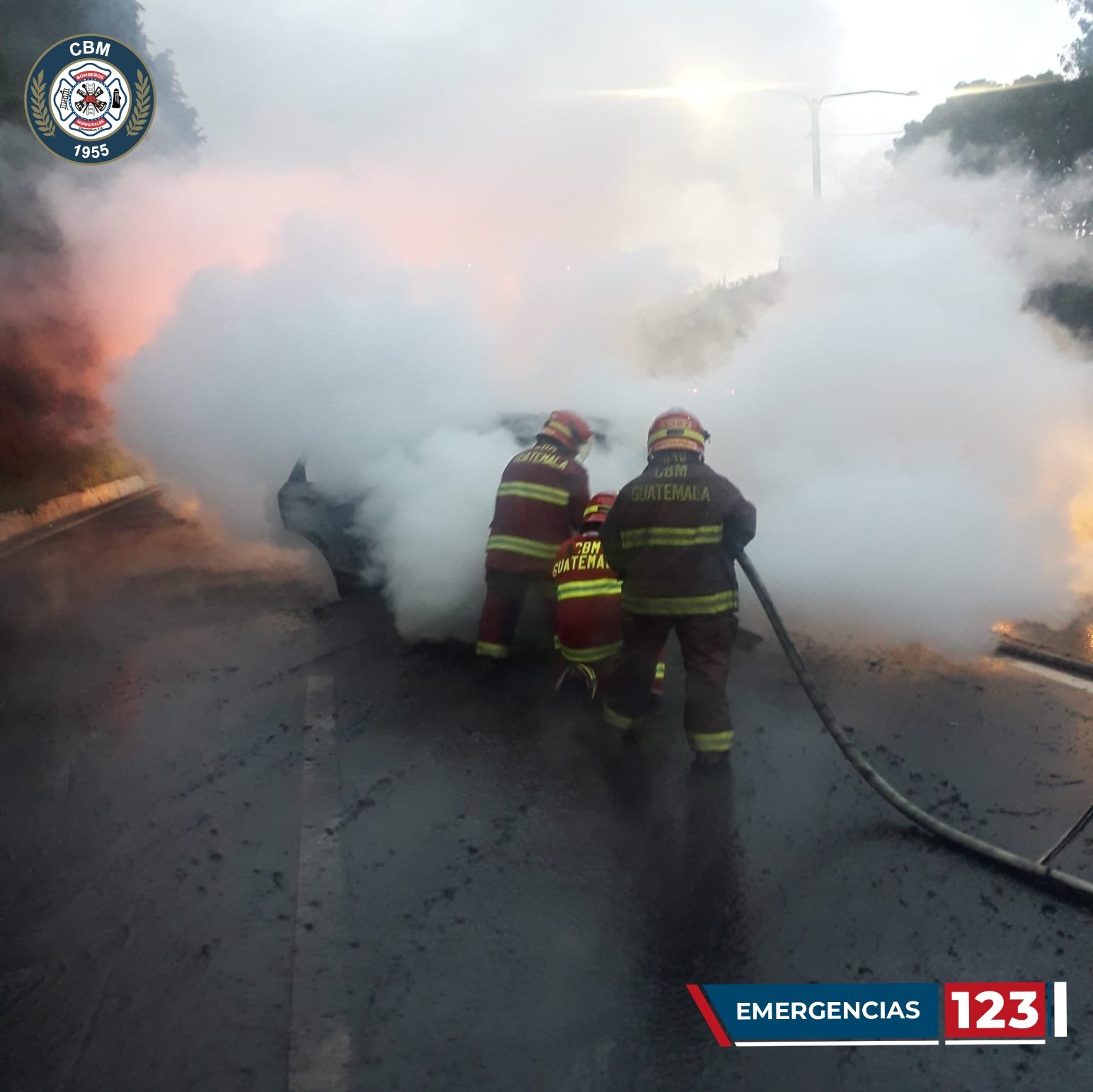 Bomberos Municipales sofocan el incendio de un vehículo en el km 14.5 de la ruta al Pacífico. (Foto Prensa Libre: Bomberos Municipales)