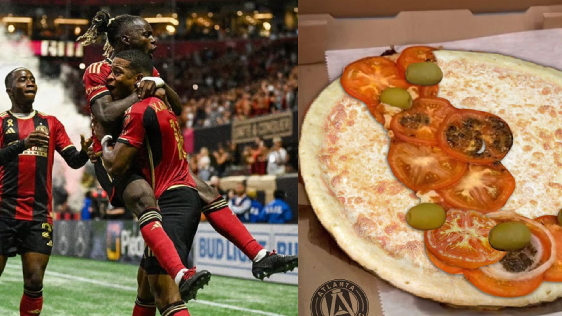 Los jugadores del Atlanta United festejan al finalizar el partido contra el Inter Miami. Además, en sus redes, colgaron una foto de una pizza en referencia a la ausencia de Lionel Messi. (Foto Prensa Libre: Atlanta United)