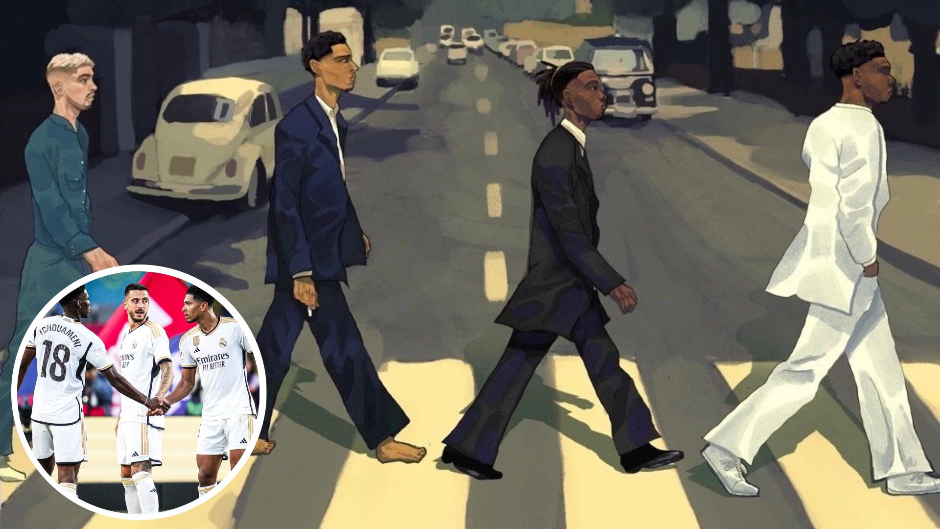 El jugador del Real Madrid, Jude Bellingham, colocó esta imagen en referencia al disco Abbey Road de Los Beatles. (Foto Prensa Libre: JudeBellingham-X)