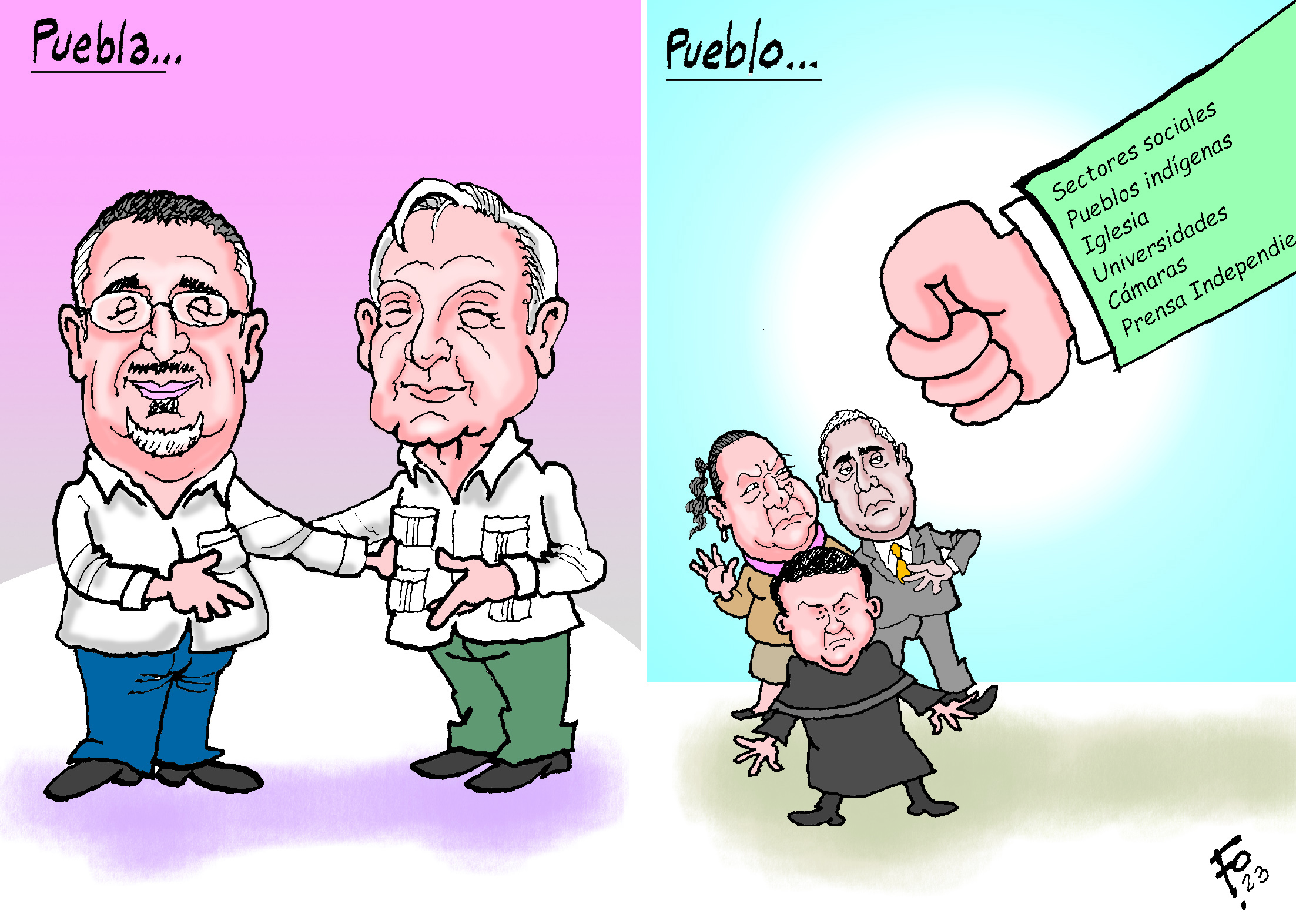 Personajes: Bernardo Arévalo, AMLO, Consuelo Porras, Rafael Curruchiche y Fredy Orellana.