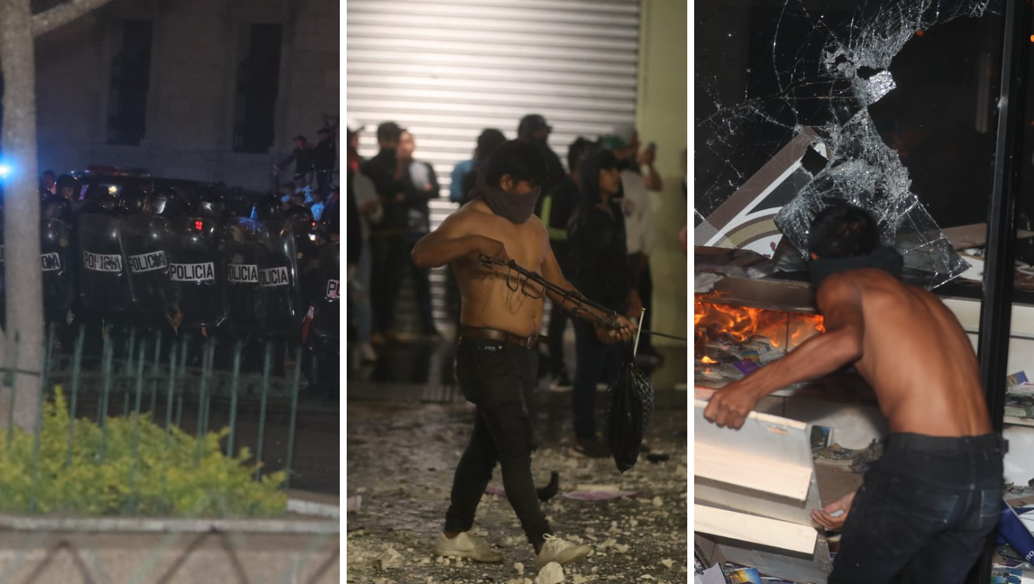 Grupo de choque atacó a PNC y luego causa destrozos en el portal del Bicentenario. (Foto Prensa Libre: Juan Diego González)