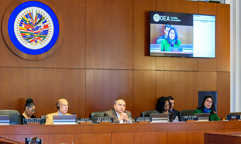 Representantes de la CIDH presentan la situación sobre Guatemala durante la sesión ordinaria del Consejo Permanente de la OEA. (Foto Prensa Libre: @CIDH)