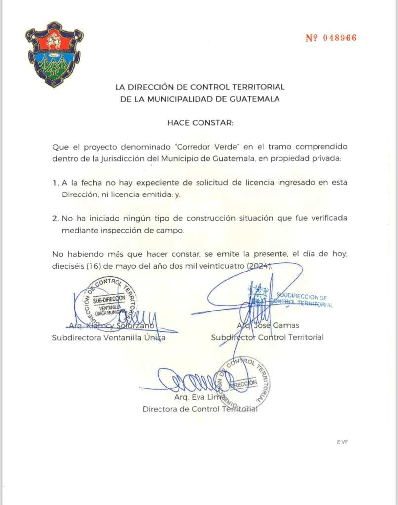 Circular emitida por la Municipalidad de Guatemala sobre el proyecto "Corredor Verde". 