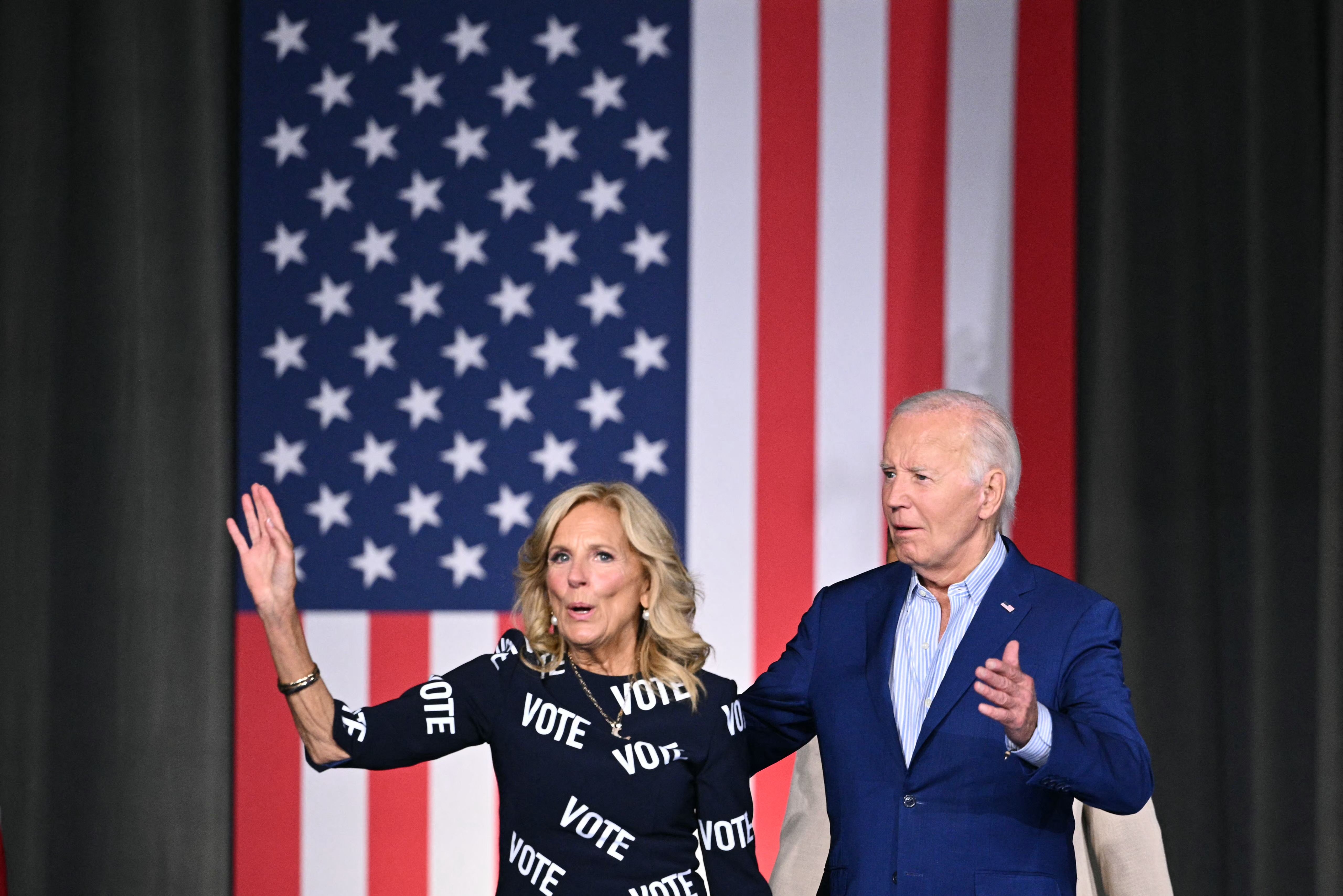 US President Joe Biden and First Lady Jill Biden arrive for a post-debate rally in Raleigh, North Carolina, on June 28, 2024. (Photo by Mandel NGAN / AFP)