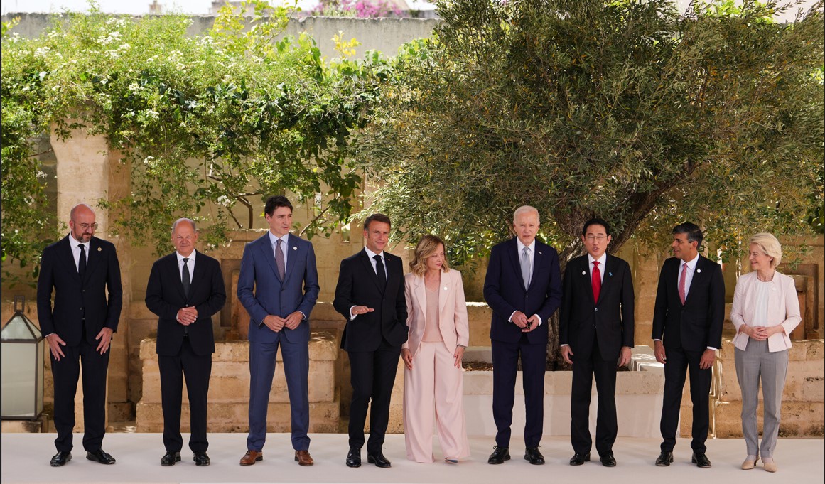 Los líderes mundiales en la reunión del G7 de este año, en Savelletri, Italia, el 13 de junio de 2024. (Foto Prensa Libre:  Erin Schaff/The New York Times)