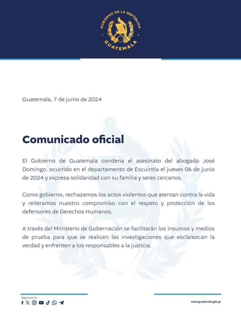 Comunicado Gobierno de Guatemala muerte de Jose Domingo Montejo