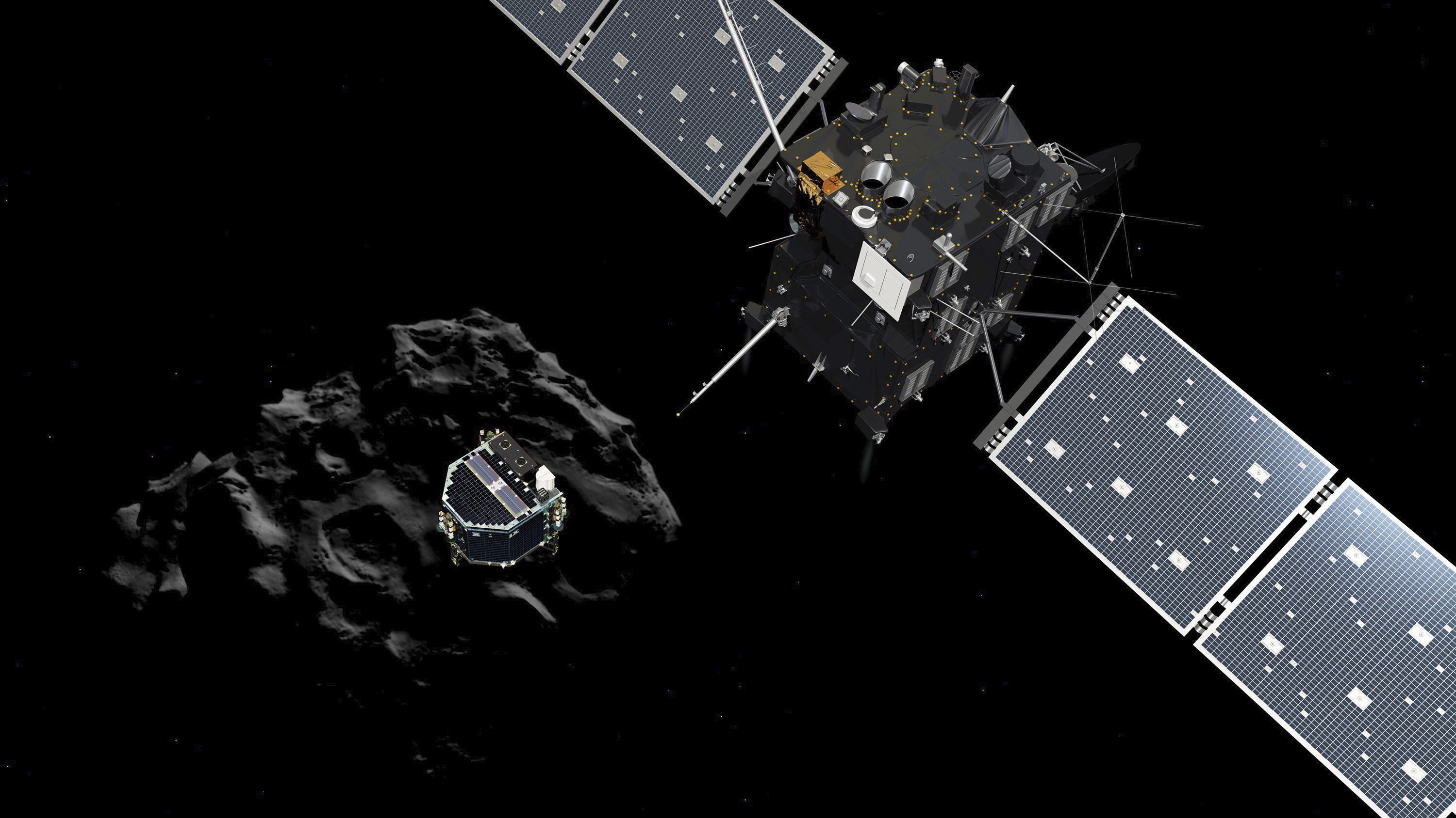 PH002 DARMSTADT (ALEMANIA) 12/11/2014.- Fotografía sin fechar facilitada por la Agencia Espacial Europea (ESA) de un fotograma de la animación del módulo Philae mientras se separa de Rosetta y desciende sobre la superficie del cometa 67/P Churyumov-Gerasimenko. El módulo Philae sigue vivo en la dirección correcta hacia el cometa 67/P Churyumov-Gerasimenko, en el que aterrizará sobre las 16.00 horas GMT para estudiar su composición. EFE/Esa / Atg Medialab / FOTO CEDIDA SOLO USO EDITORIAL PROHIBIDA SU VENTA