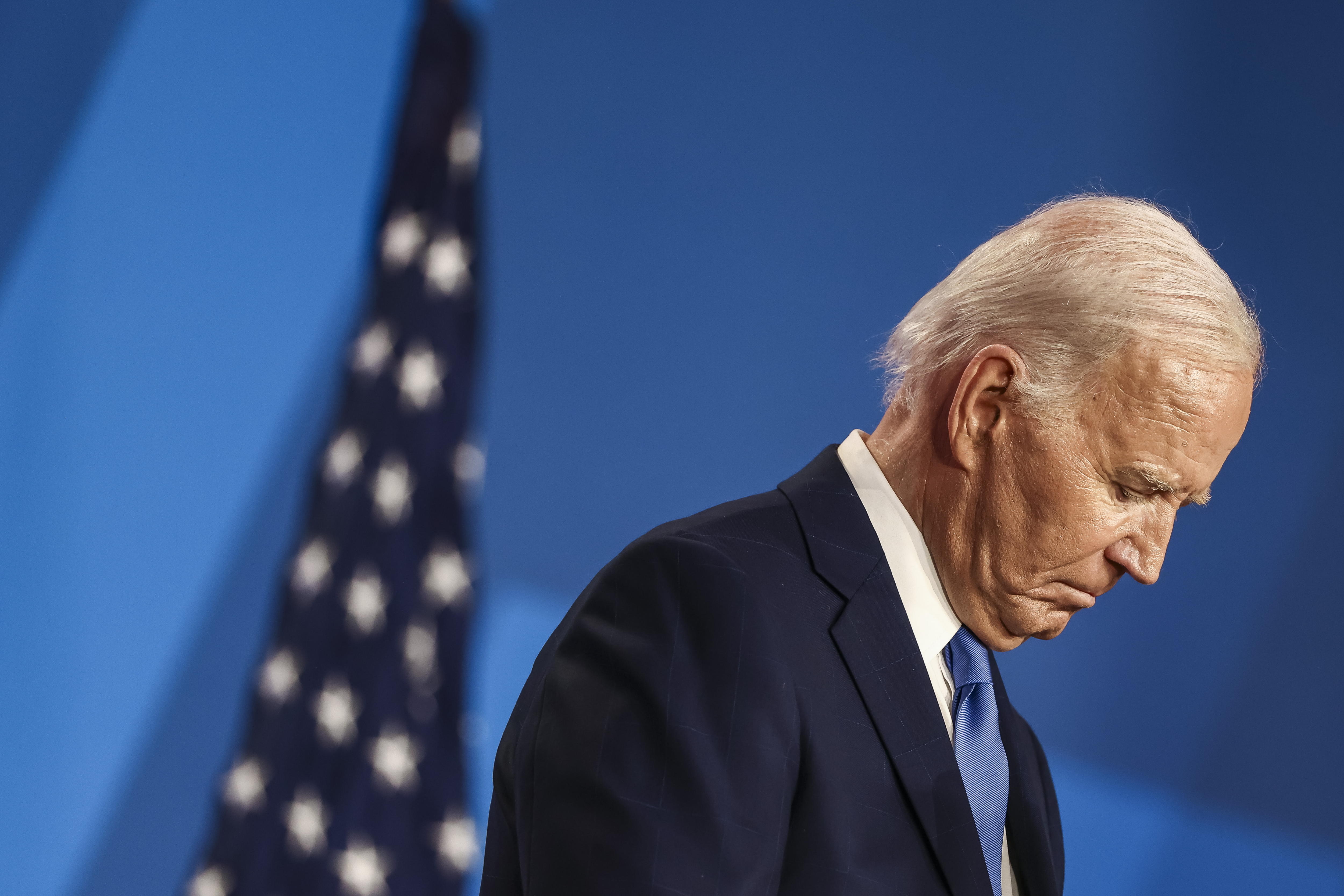 Washington (United States), 11/07/2024.- (FILE) - US President Joe Biden speaks during a press conference on the sidelines of the 75th Anniversary of the North Atlantic Treaty Organization (NATO) Summit at the Walter E. Washington Convention Center in Washington, DC, USA, 10 July 2024 (reissued 21 July 2024). Joe Biden on 21 July announced he would not seek re-election in November 2024. While it has been my intention to seek reelection, I believe it is in the best interest of my party and the country for me to stand down and to focus solely on fulfilling my duties as President for the remainder of my term, Biden announced on his X (formerly Twitter) account. (Elecciones) EFE/EPA/JIM LO SCALZO