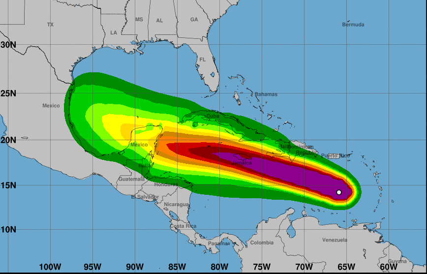 Beryl continúa su paso por el Caribe como huracán de categoría 5. (Foto Prensa Libre: Centro Nacional de Huracanes)