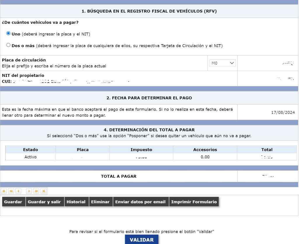 Paso 2 En el formulario validar la información del vehículo.