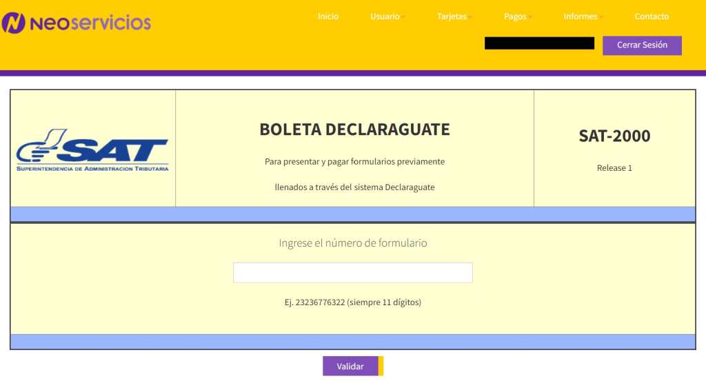 Paso 2 pago con tarjeta de crédito desde Neoservicios. ingrese el número de formulario SAT-2000. 