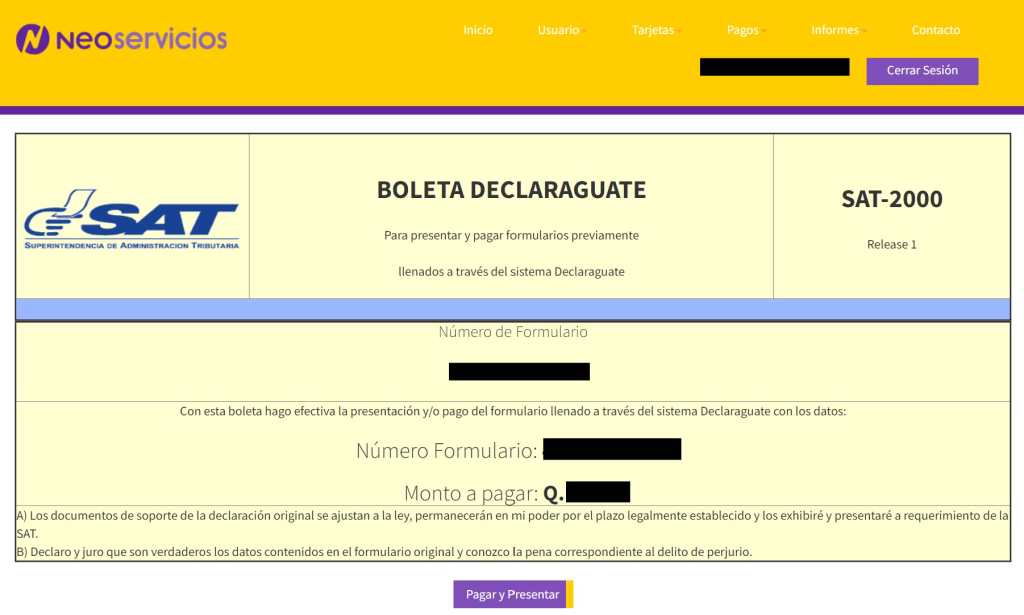 Paso 3 pago con tarjeta de crédito desde Neoservicios.  Verifique y valide. 