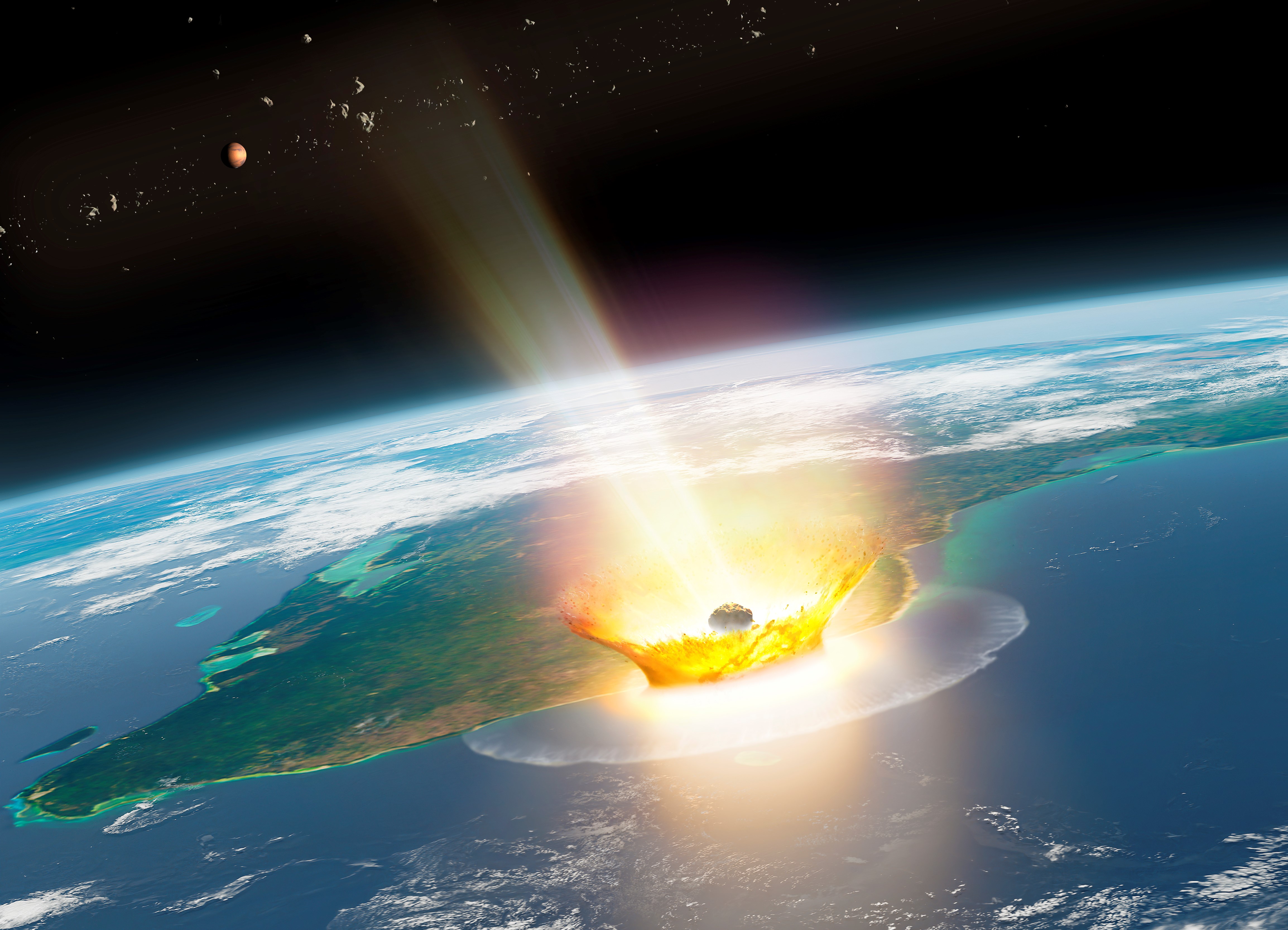 Impresión artística del impacto de un gran asteroide en la Tierra, como el de Chicxulub, que provocó la extinción masiva del Cretácico, hace 66 millones de años. (Foto Prensa Libre: EFE)