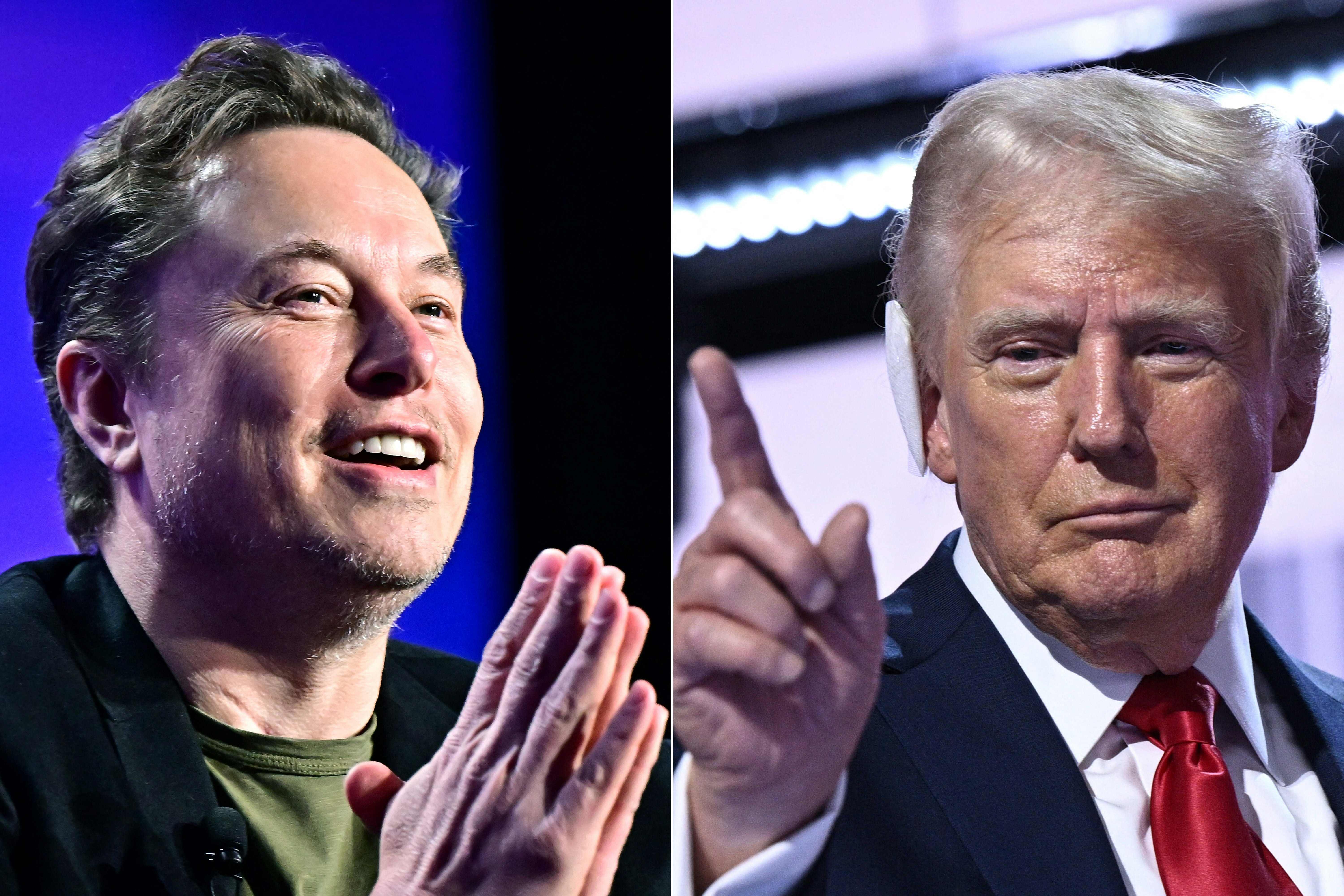 Este lunes el dueño de X, Elon Musk, tuvo una conversación en directo con el candidato republicano Donald Trump como una forma de impulsar su campaña electoral previo a las elecciones en EE. UU. (Foto Prensa Libre: Frederic J. BROWN and Brendan SMIALOWSKI / AFP)