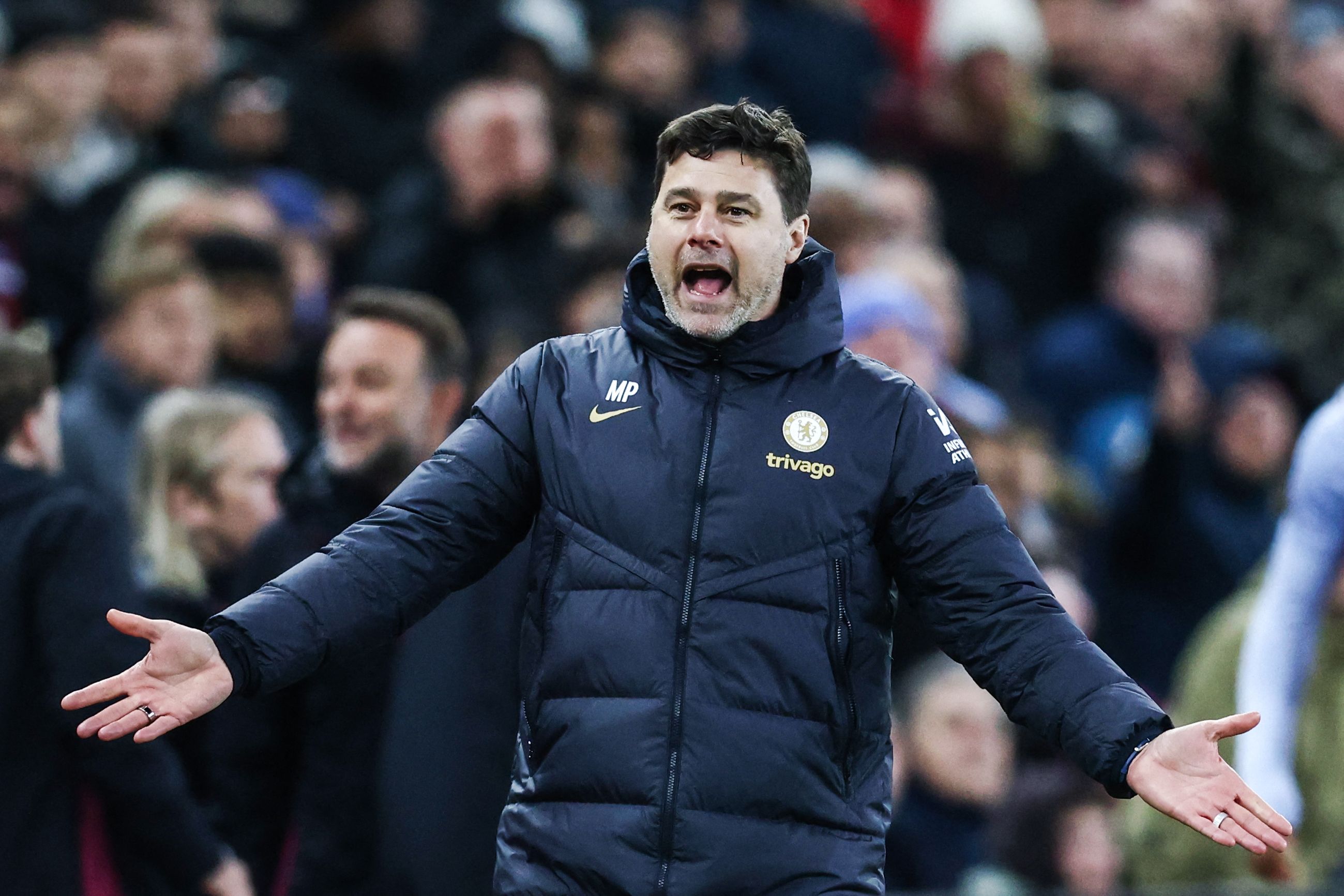 (FILES) Chelsea's Argentinian head coach Mauricio Pochettino reacts during the English Premier League football match between Aston Villa and Chelsea at Villa Park in Birmingham, central England on April 27, 2024. Pochettino has agreed terms to become the new coach of the US national team, according to multiple reports on August 15, 2024. The Athletic and ESPN reported that unnamed sources confirmed Pochettino, who parted ways with English Premier League side Chelsea in May, would replace Gregg Berhalter as boss. (Photo by Darren Staples / AFP) / RESTRICTED TO EDITORIAL USE. No use with unauthorized audio, video, data, fixture lists, club/league logos or 'live' services. Online in-match use limited to 120 images. An additional 40 images may be used in extra time. No video emulation. Social media in-match use limited to 120 images. An additional 40 images may be used in extra time. No use in betting publications, games or single club/league/player publications. /