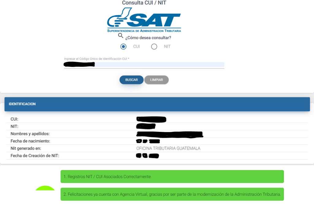 Resultado de la búsqueda del número de identificación tributaria por medio del CUI. El sistema de la SAT detalla nombre, nacimiento y fecha de creación del nit del contribuyente