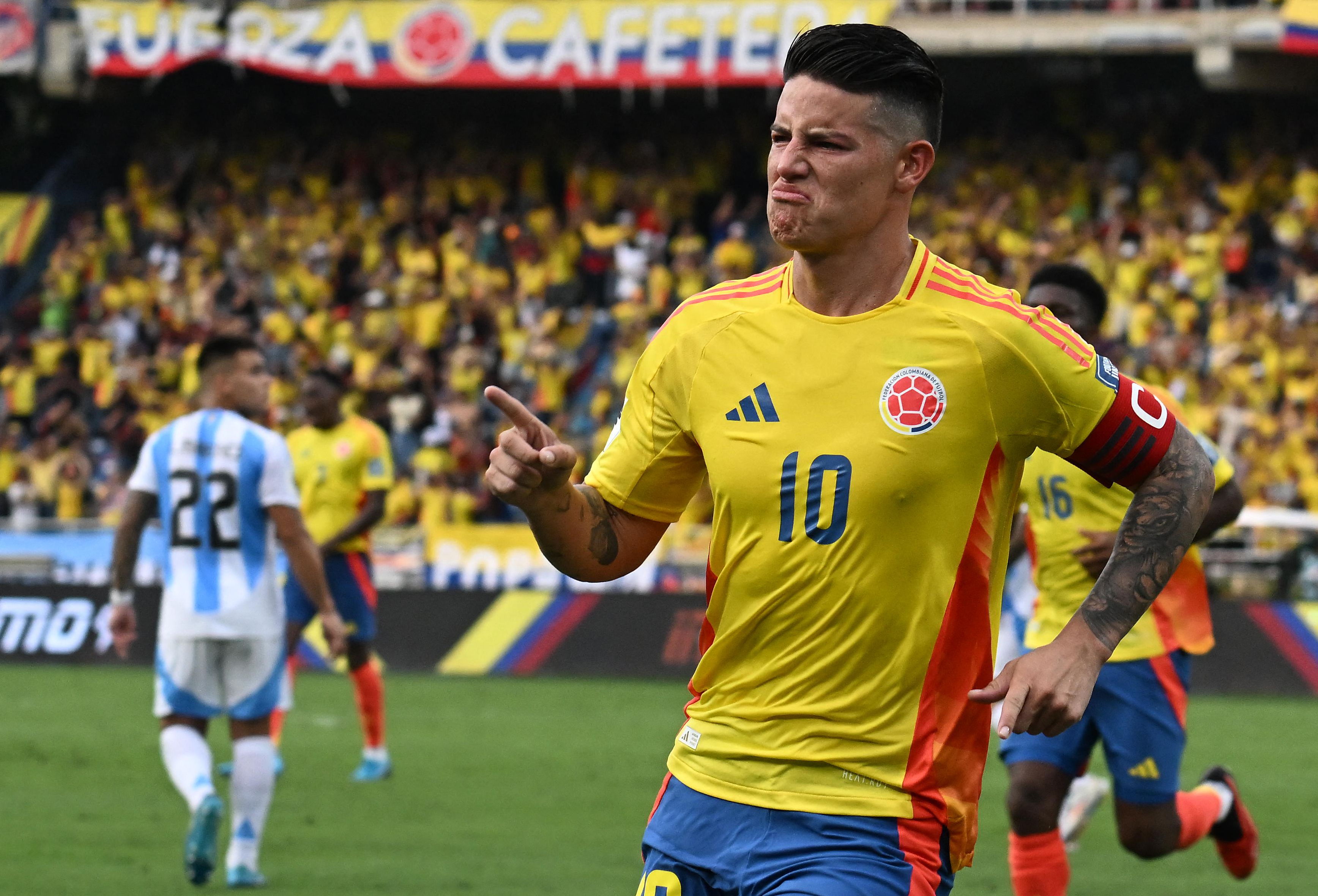 Colombia's midfielder James Rodriguez celebrates scoring his team's second goal during the 2026 FIFA World Cup South American qualifiers football match between Colombia and Argentina, at the Metropolitano Roberto Meléndez stadium in Barranquilla, Colombia, on September 10, 2024. (Photo by JOAQUIN SARMIENTO / AFP)