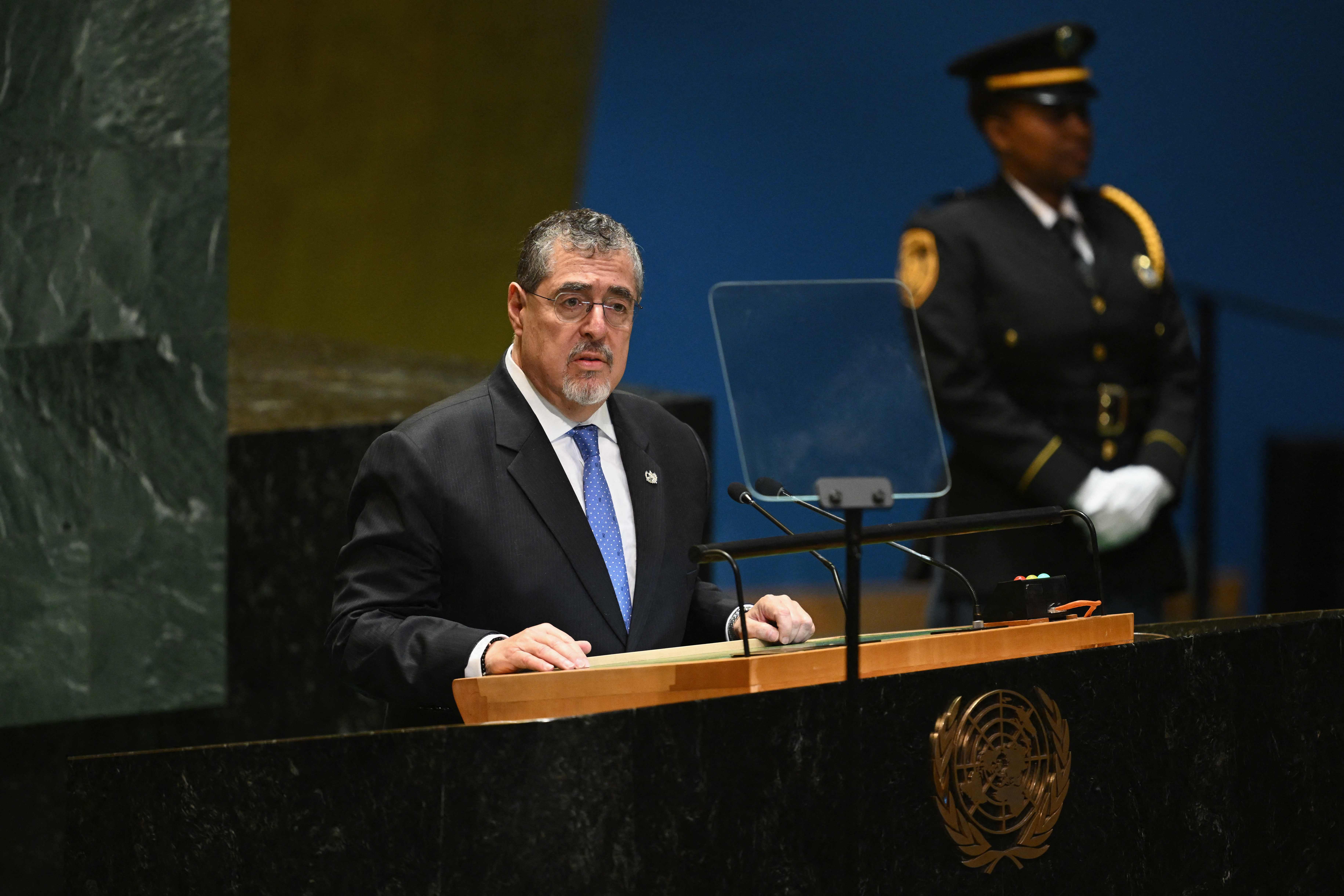 President of Guatemala President Bernardo Arevalo speaks during the 79th Session of the United Nations General Assembly at the United Nations headquarters in New York City on September 24, 2024. (Photo by ANGELA WEISS / AFP)